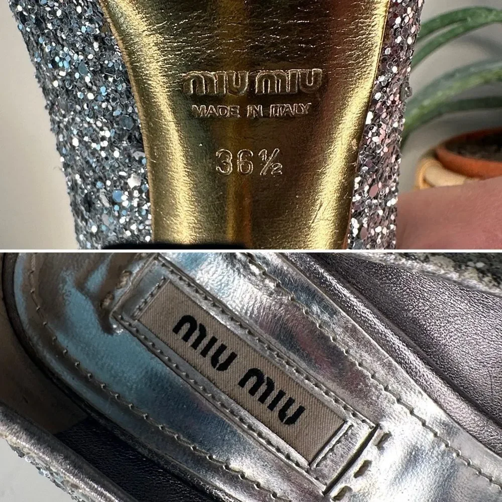 ✨ Miu Miu Silver Glitter Peep-Toe Heels 36.5 (US 6.5) Designer Party Shoes Italy - Picture 9 of 13